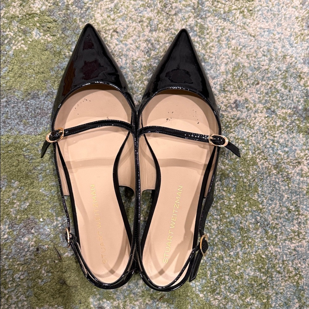 Stuart Weitzman Black Patent Pointed Mary Jane Flats with Gold Buckles